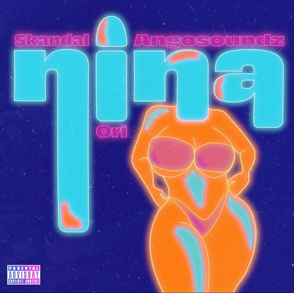 Neon coverontwerp Nina met cyaan letters en een oranje figuur