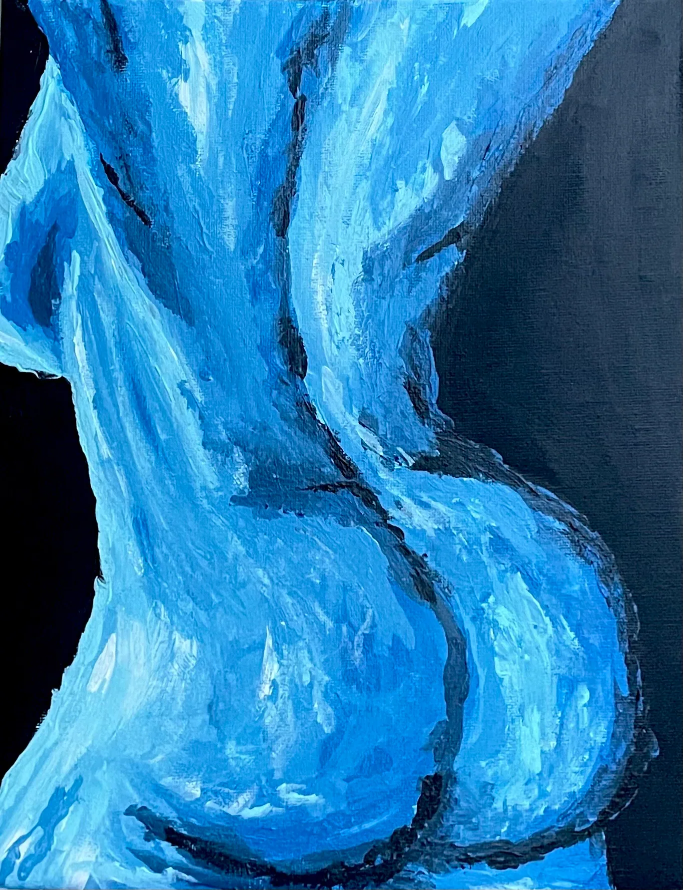 Abstract blauw schilderij met vloeiende lichte lijnen