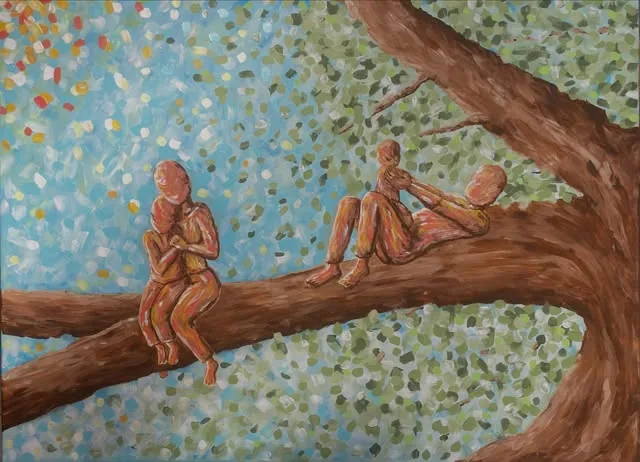 Schilderij met figuren op een boomtak