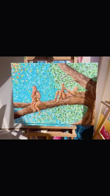 Schilderij van twee figuren op een boomtak, op een ezel in het atelier